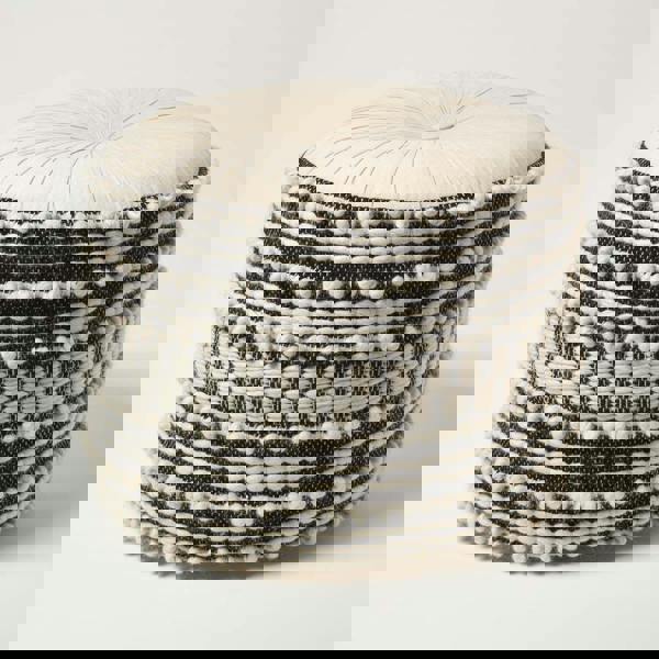 HOMESCAPES Priya Cream & Black Macrame Boho Pouffe - 40 cm Tall