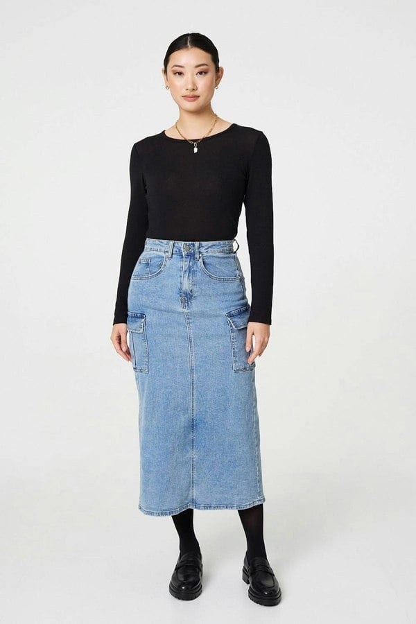 Blue | Denim High Waist Midi Cargo Skirt
