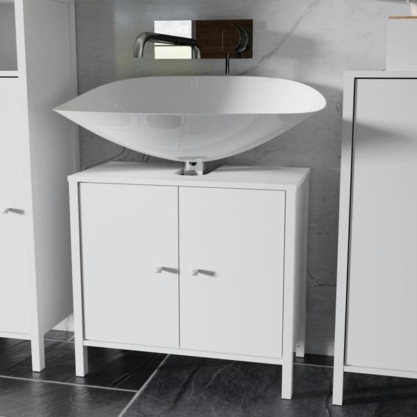 Furniture To Go Ipsarion Under Sink Bathroom Storage Unit with 2 Doors & Silver Handles in White