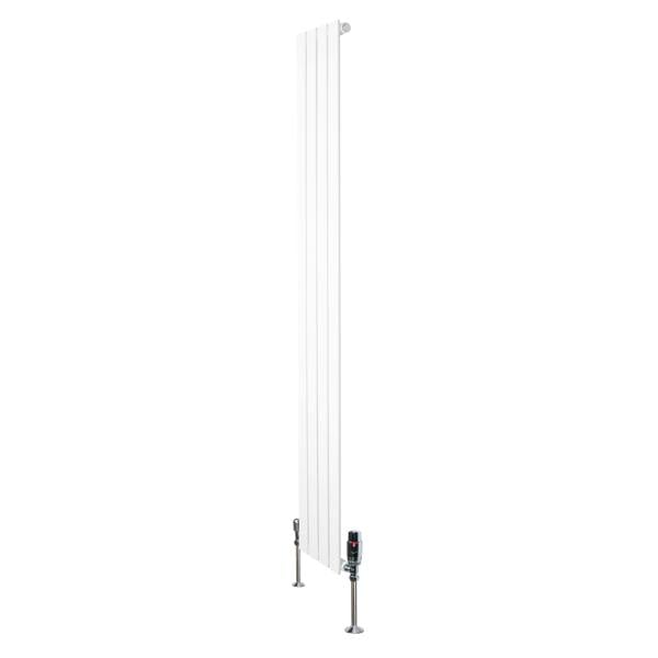 Flat single column radiator in white, 1800mm x 280mm, featuring sleek vertical lines and modern valves for efficient heating