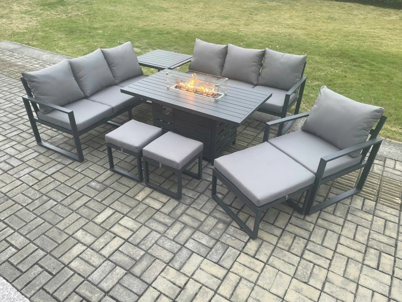 Fimous Aluminium 8 Pieces Garden Furniture Sofa Set with Cushions 10 Seater Gas Fire Pit Dining Table Set with Side Table 3 Footstools Dark Grey