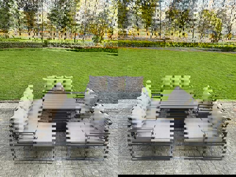 Fimous 10 Seater Aluminium Garden Furniture Set with Adjustable Rising Dining Table, 2 Sofas, 2 Footstools - Dark Grey