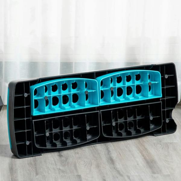 Aerobic step platform with open underside showing blue insert compartments and holes