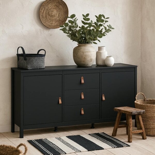 Wyld Haus Wildberry Matt Black Wooden Sideboard 2 Doors 3 Drawers Leather Handles
