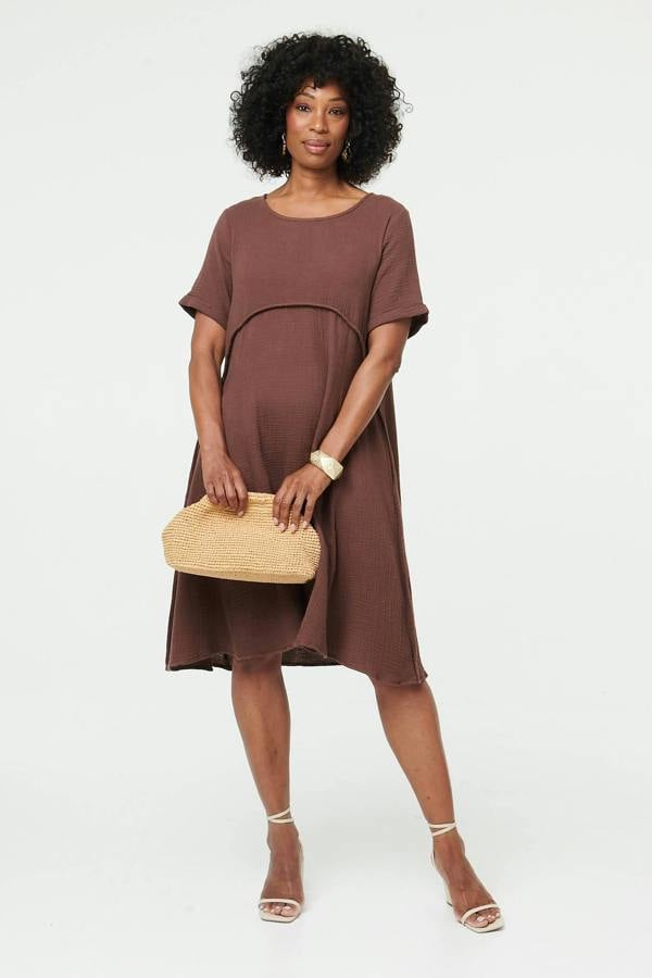 Brown | Mesh Layered Textured Midi Dress