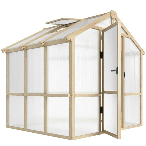 Wooden walk-in greenhouse frame with clear poly panels and double hinged doors