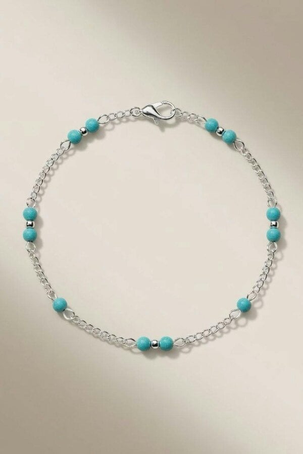 The Colourful Aura Turquoise Silver Beaded Sea Beach Surf Summer Anklet