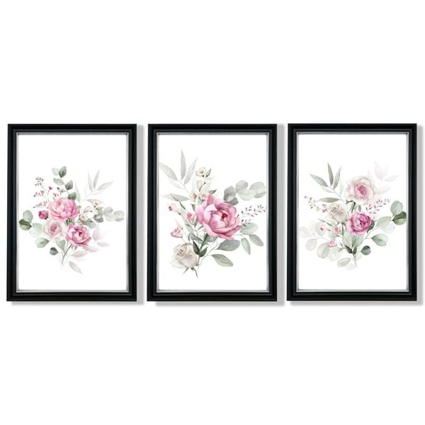 Set of 3 Pink Roses with Eucalyptus Bouquets Framed Art Prints with Vermeer Black and Silver Frames