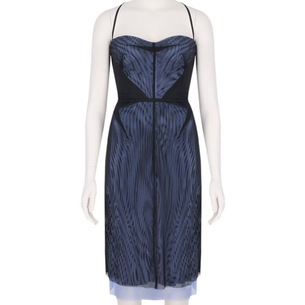 Marios Schwab luxurious layered mesh dress in black and lavender blue