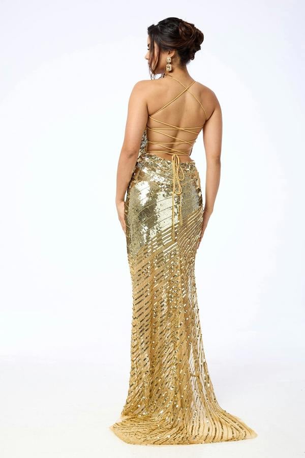 LuvForever Arela - Gold Side Split Sequin Maxi Dress