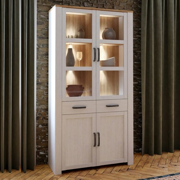 Furniture To Go Bohol Display Cabinet 4 Door 2 Drawer in Oak/White inc LED Lighting