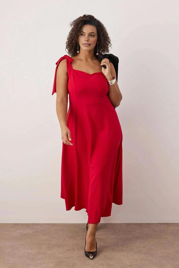 WOVCOR A-Line Midi Woven Evening Dresses with Strap Tie Detail