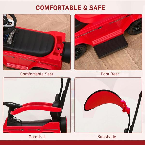 Red kids ride-on push car with comfortable seat, footrest, guardrail and sunshade