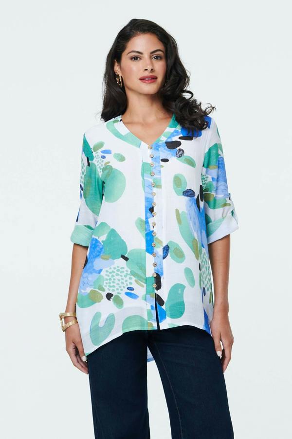 Blue | Abstract Relaxed 3/4 Sleeve Tunic Blouse
