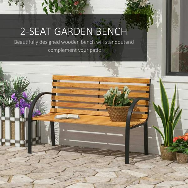 Outdoor 2-seat garden bench with black steel frame and natural wood slats