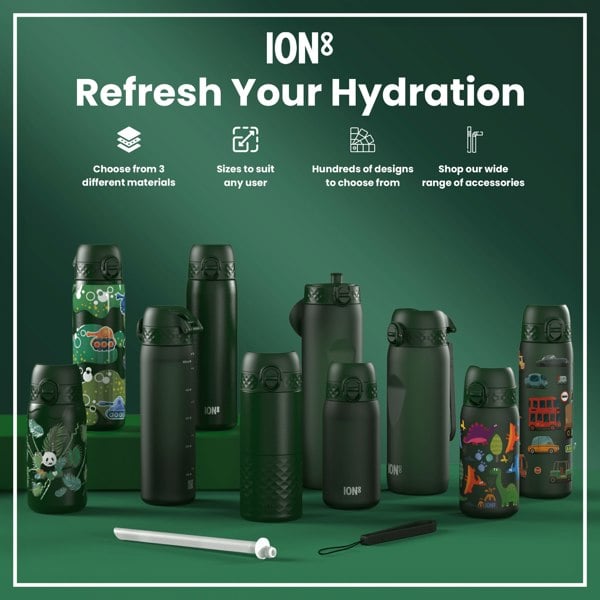 Several ION8 water bottles, in various sizes and designs, are displayed on a green surface. Accessories are shown nearby. The text reads: "ION8 Refresh Your Hydration. Choose from 3 different materials. Sizes to suit any user. Hundreds of designs to choose from. Shop our wide range of accessories."