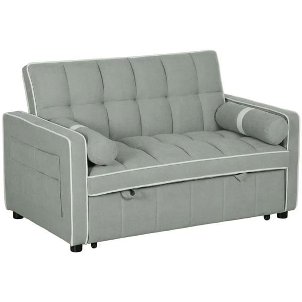 Light grey two-seater linen-look sofa bed with tufted back, armrests, and seat cushions