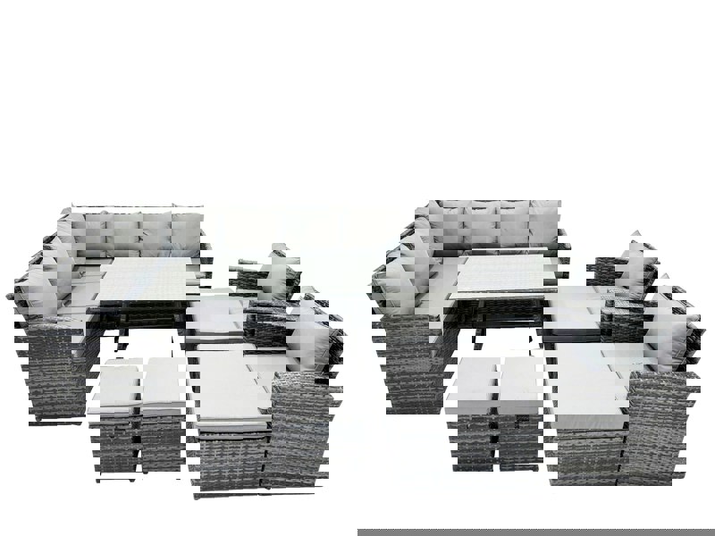 Fimous 12 Seat Poly Rattan Outdoor Patio Oblong Dining Table Corner Sofa Set with 4 Stool 2 Chairs for Garden Backyard Dark Grey Mixed