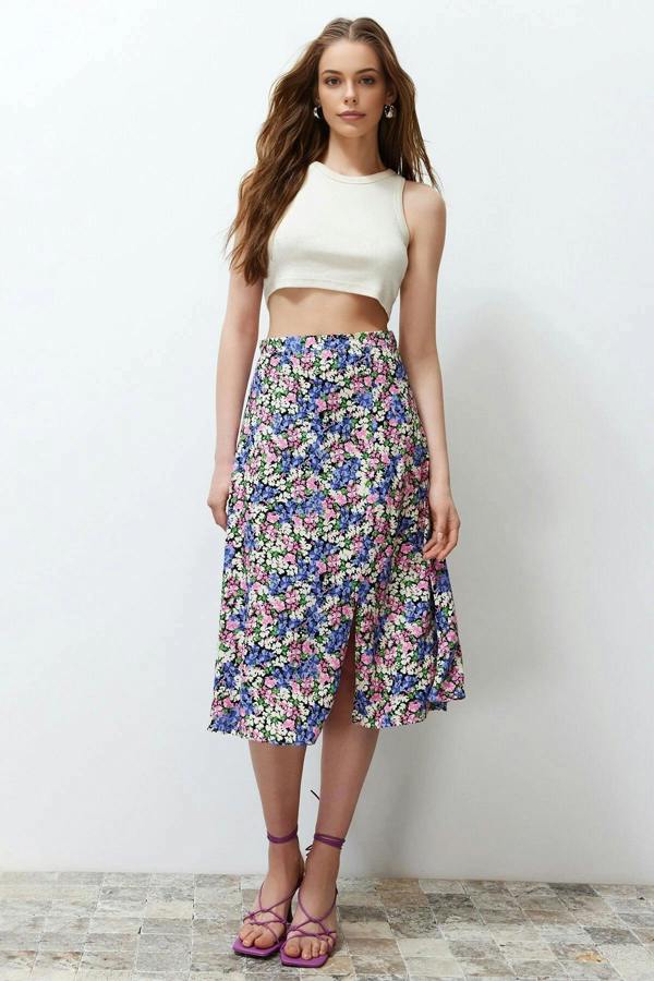 WOVCOR Floral Print Midi Woven Skirt with Slit Detail