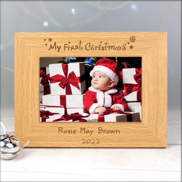 Personalised Memento Company Personalised Oak Finish 6x4 My First Christmas Photo Frame