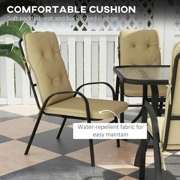 Beige padded seat and back cushion on dark frame armchair, water-repellent fabric