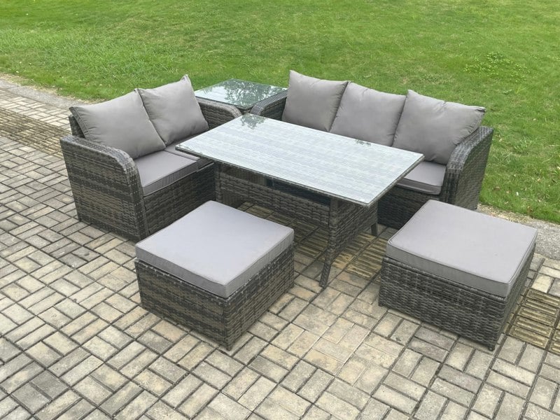 Fimous 7 Seater Dark Grey Mixed Rattan Outdoor Lounge Set - Oblong/Rectangular Dining Table, 2 Footstools & Side Table