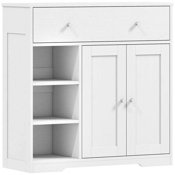 Bathroom Floor Cabinet, Freestanding Bathroom Cabinet with Drawer, Door, Open Shelves, White