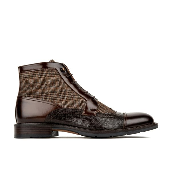 Embassy London Charles - Brown Check - Men's toe cap dressy leather boot in leather and textile