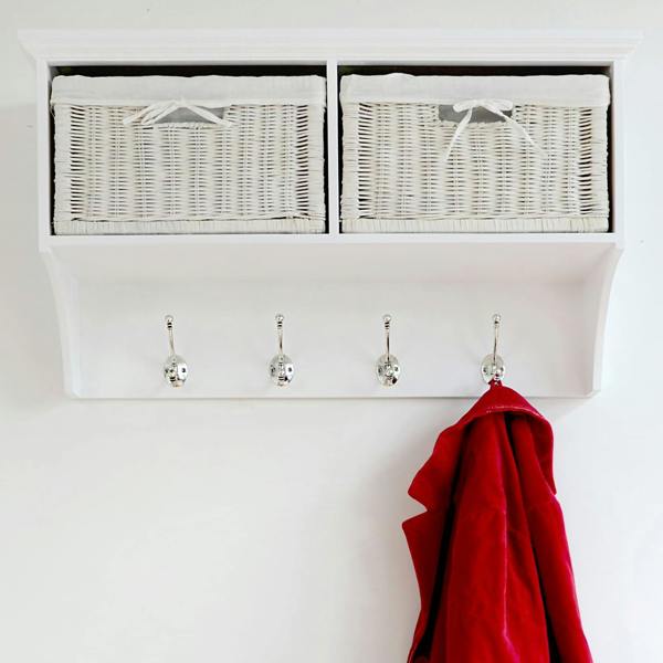 Statement Furniture Tetbury Hanging Shelf with 2 White Wicker Baskets. Wallmounted Coat Rack Assembled