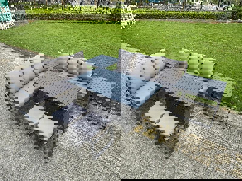 Fimous 8 Seater Aluminium Garden Furniture Set with Adjustable Rising Dining Table, 2 Sofas, 2 Side Tables, 2 Footstools - Dark Grey