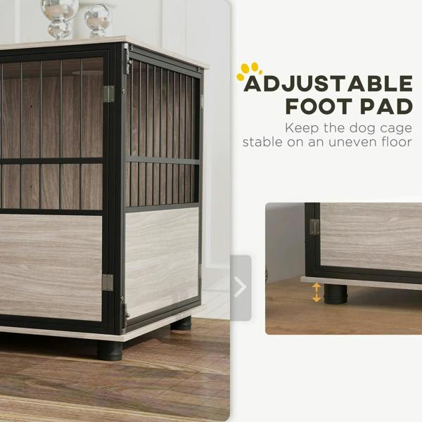 Brown wood dog crate end table with adjustable foot pads and black metal side frame.