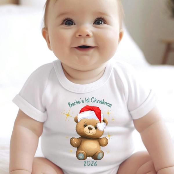 Aye Do Gifts Personalised 1st Christmas Teddy Baby Vest, Babygrow or Bib, Newborn Xmas Gift