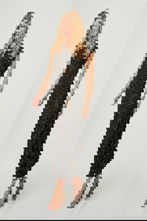 Black | Polka Dot Cap Sleeve A-Line Maxi Dress
