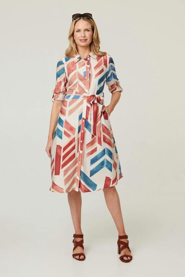 Red | Geo Print Tie Waist Midi Shirt Dress