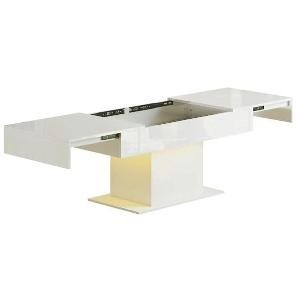 Extendable high-gloss white coffee table with LED light strip and two open storage shelves