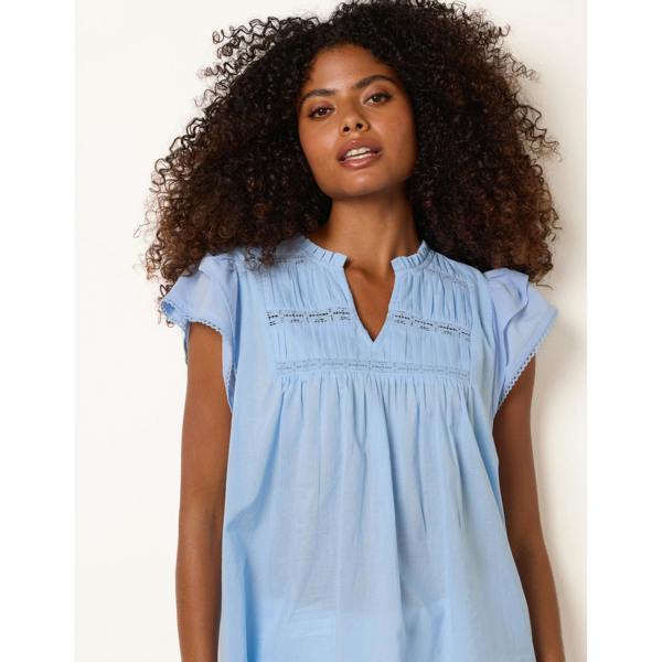 Blue Vanilla Cotton Embroidery Detail Ruffle Sleeve Top