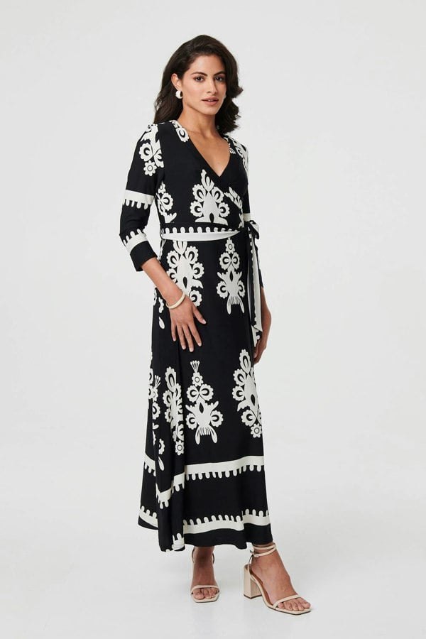Black | Ikat Print 3/4 Sleeve Wrap Maxi Dress
