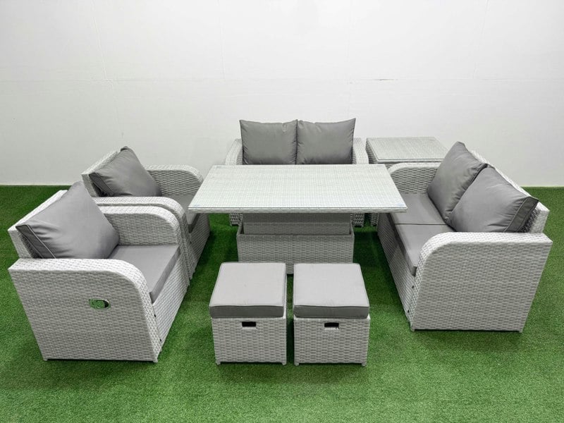 Fimous 8 Seater Rattan Garden Furniture Set - Light Grey with Reclining Chair, Loveseat & Adjustable Lifting Dining/Coffee Table & 2 Stools