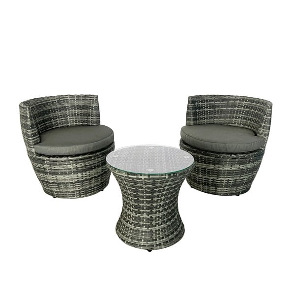 Furniture One 3-piece Outdoor Rattan Bistro Set with Cushion and Glass Top Coffee Table, 2 Seater Garden Vase Chair Table and Chair Set - Gray