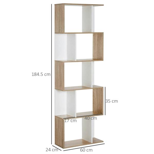 S-shaped freestanding bookshelf with five open tiers, oak-and-white wood frame