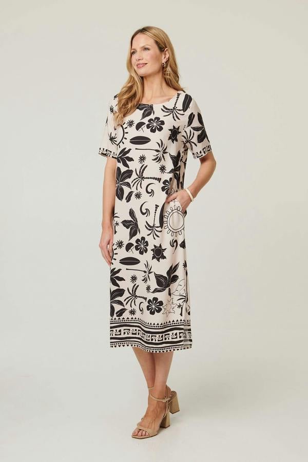 Ivory | Printed 1/2 Sleeve Midi Shift Dress : Model is 5'10"/178 cm and wears UK10/EU38/US6/AUS10