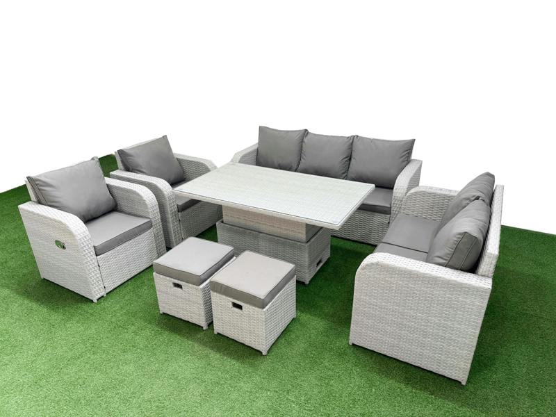 Fimous PE Rattan Furniture Set, Adj Height Table, Reclining Sofa, Double Love Seat, 2 Seater Lounge and 2 Stools, Light Grey