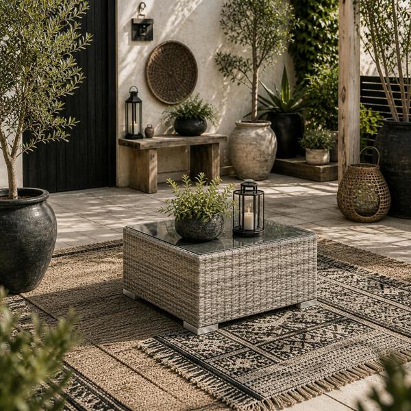 Wyld Haus Vimito Rattan Light Grey Square Outdoor Side Table With Glass Top