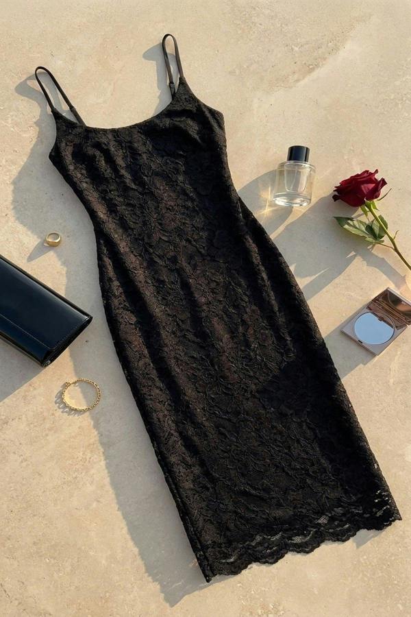 Viviana Strappy Floral Lace Midi Dress - Black