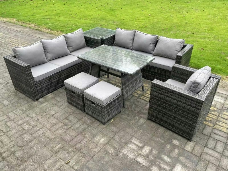 Fimous 9 Seater Rattan Outdoor Furniture Sofa Garden Dining Set with Dining Table Armchair Side Table 2 Small Footstools Dark Grey Mixed
