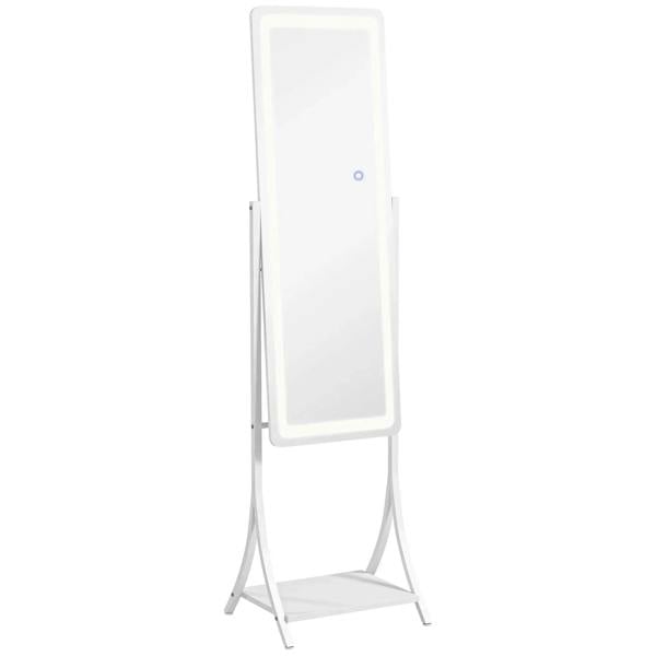 White full-length standing mirror with LED light border and storage shelf base