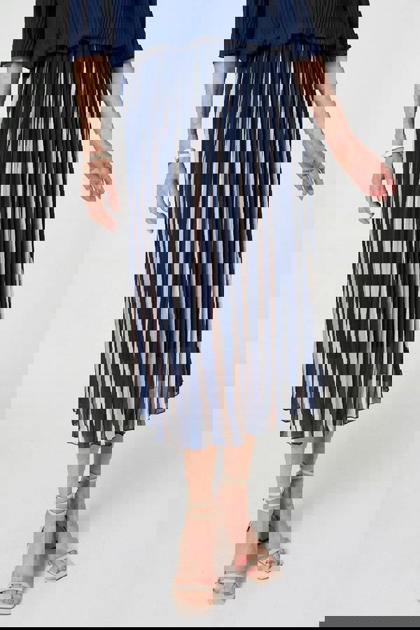 Navy | Striped Pleat 1/2 Sleeve Midi Dress
