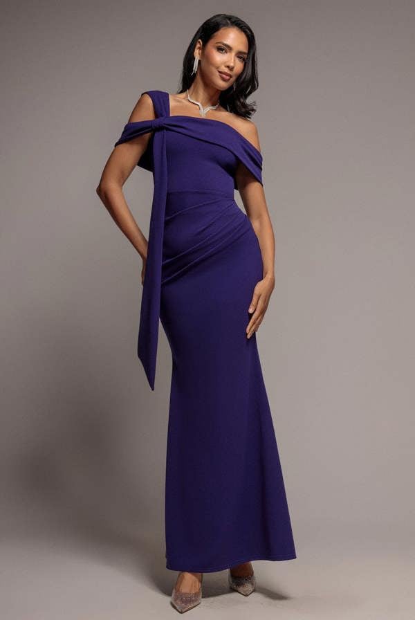 One Shoulder Twisted Bardot Asymmetric Mermaid Maxi Dress - Deep Purple DR4910