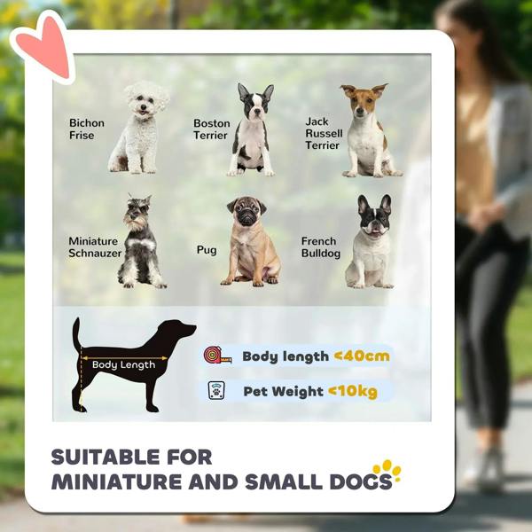 Pet stroller suitability chart card with small-dog silhouettes and body-length guide