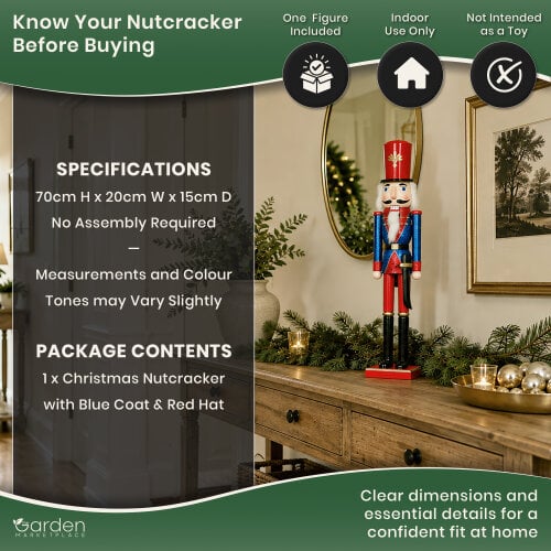 Large Christmas Nutcracker Figure, 70cm Tall Traditional Design in Blue Coat and Red Hat, Indoor Festive Decoration Focal Point